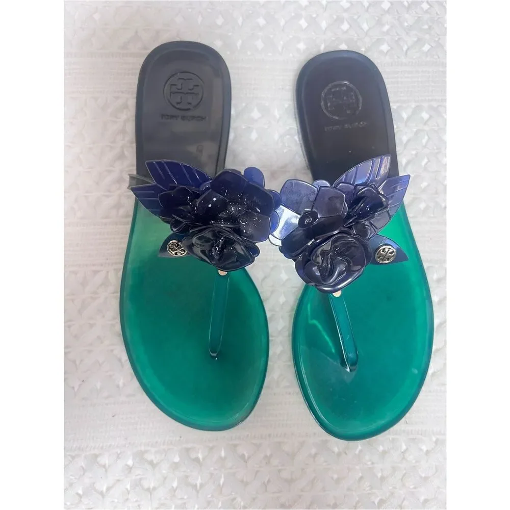 Tory Burch Blossom Jelly Blue Green Flip Flop Resort Coastal Flower Sandals 7